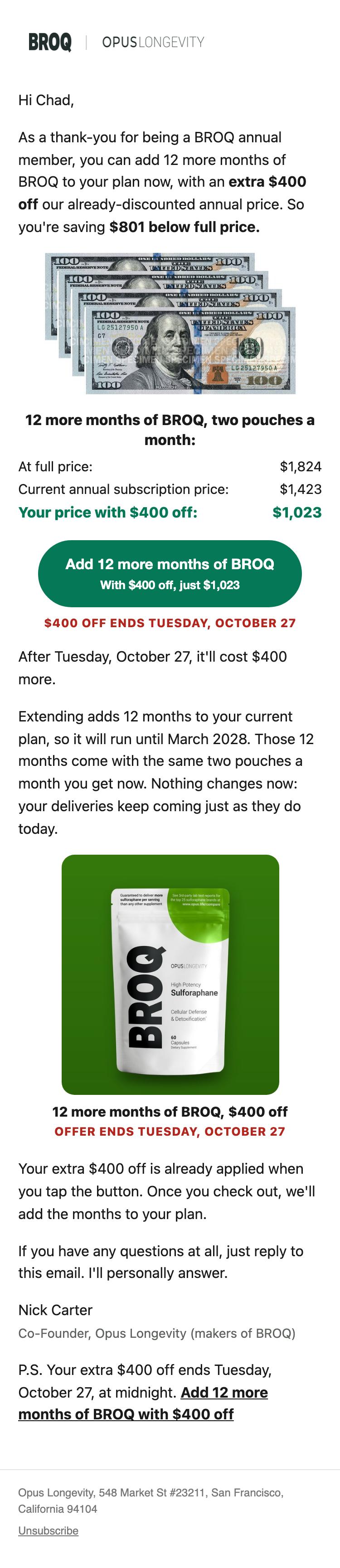 The whole email as it looks on a phone: Get $400 off 12 more months of BROQ