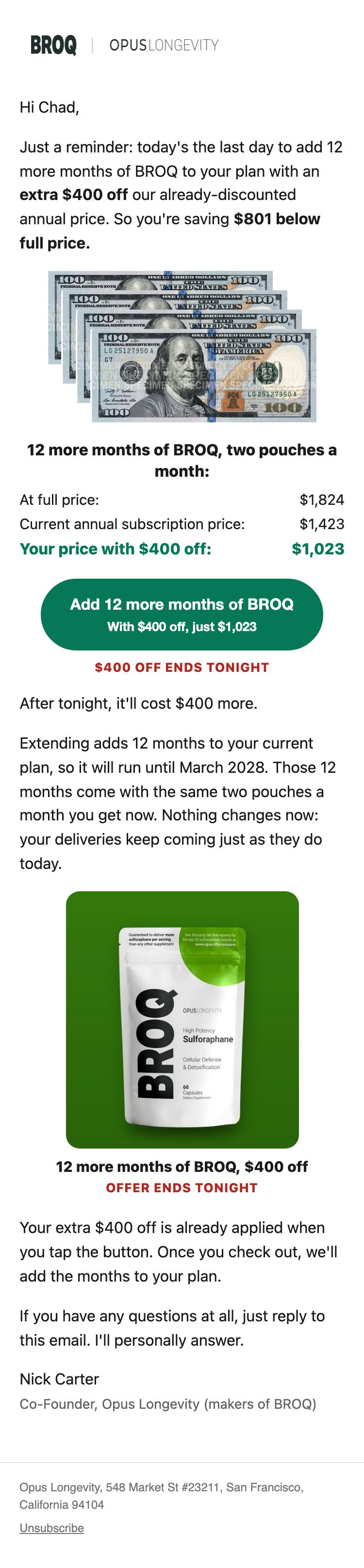 The whole email as it looks on a phone: Last day: $400 off 12 more months of BROQ