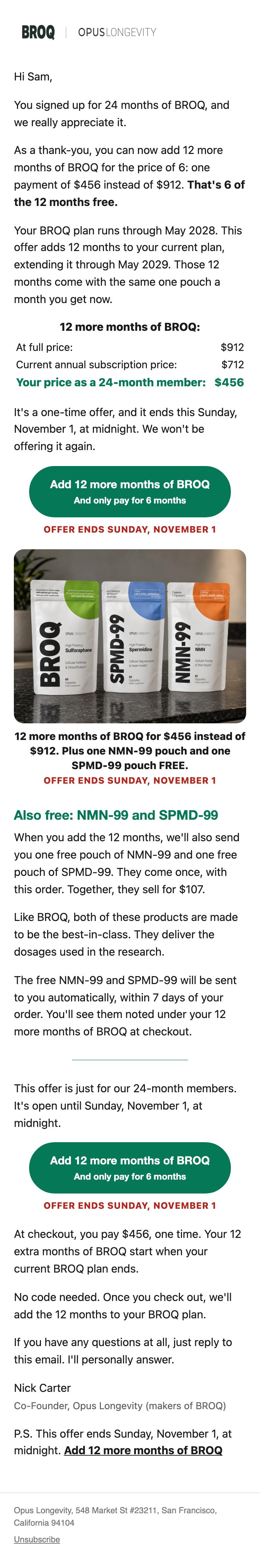 The whole email as it looks on a phone: Save $456: 12 more months of BROQ for the price of 6
