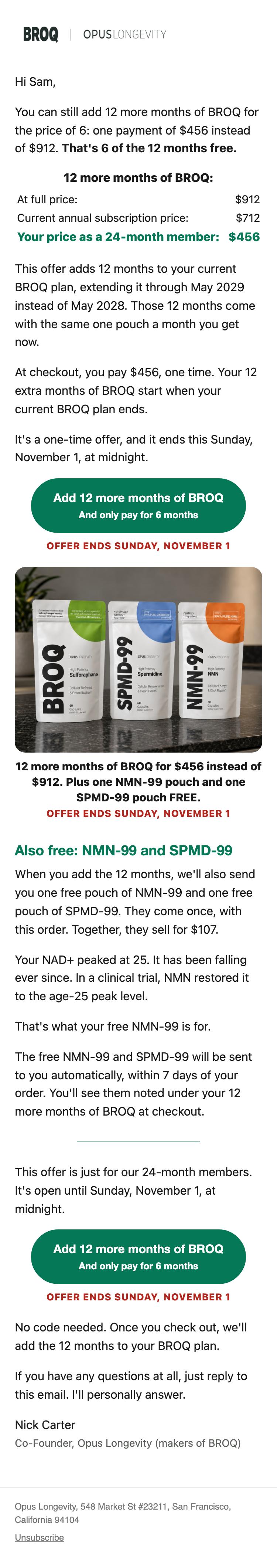 The whole email as it looks on a phone: Still open: 12 more months of BROQ for the price of 6