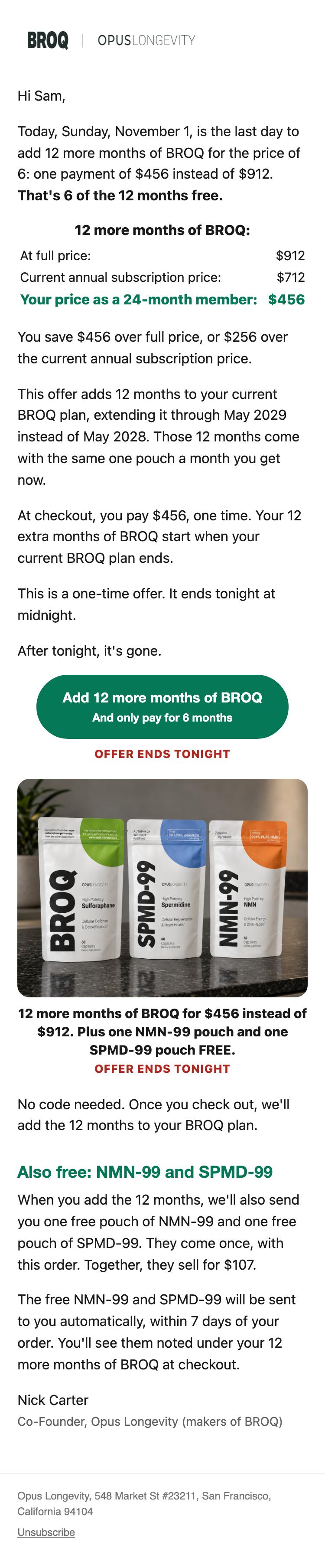 The whole email as it looks on a phone: Last day: save $456 on 12 more months of BROQ