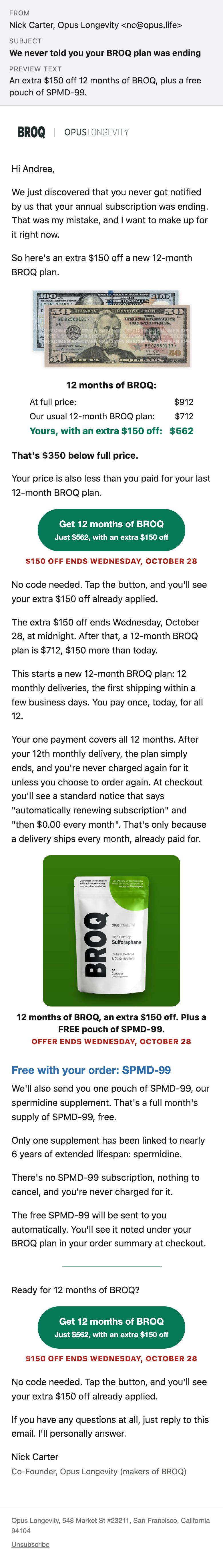 The whole email as it looks on a phone: We never told you your BROQ plan was ending