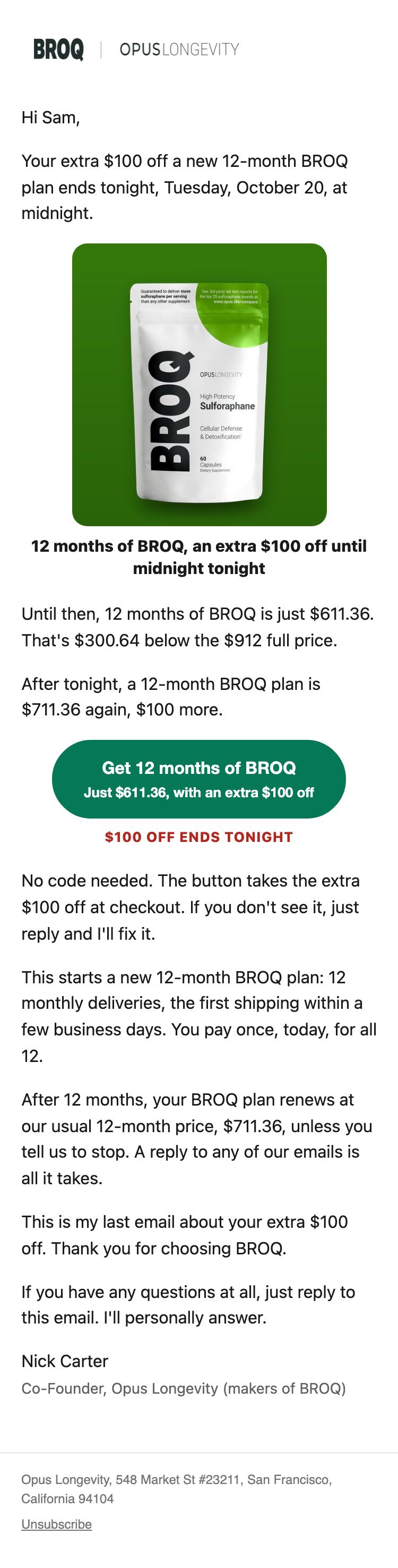 The whole email as it looks on a phone: Last day: an extra $100 off 12 months of BROQ