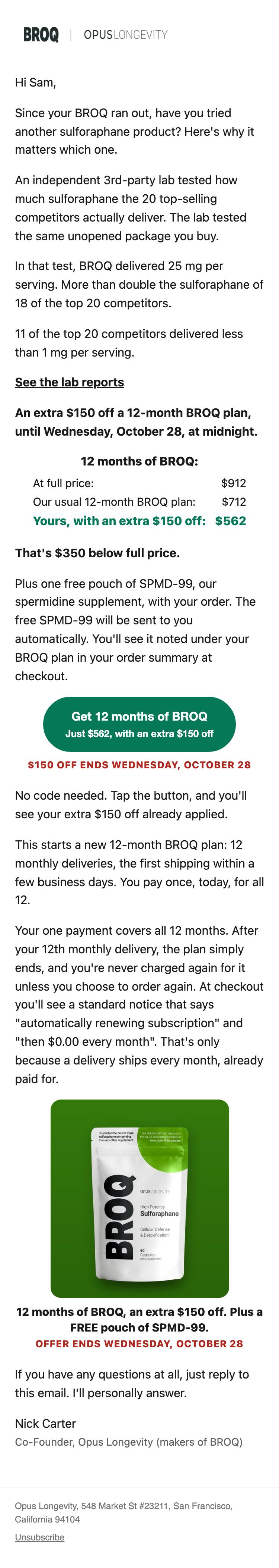 The whole email as it looks on a phone: Have you tried another sulforaphane product?
