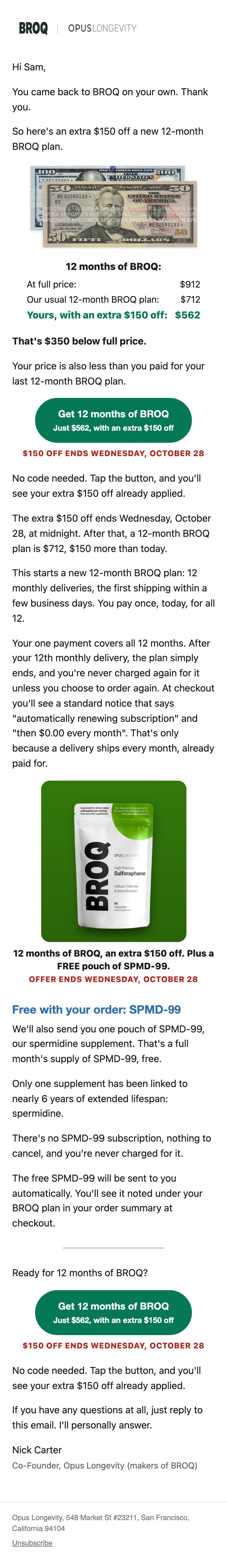 The whole email as it looks on a phone: Thank you for coming back to BROQ: an extra $150 off