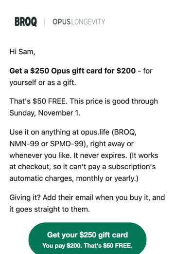 Phone preview of Gift card email, Wed 28